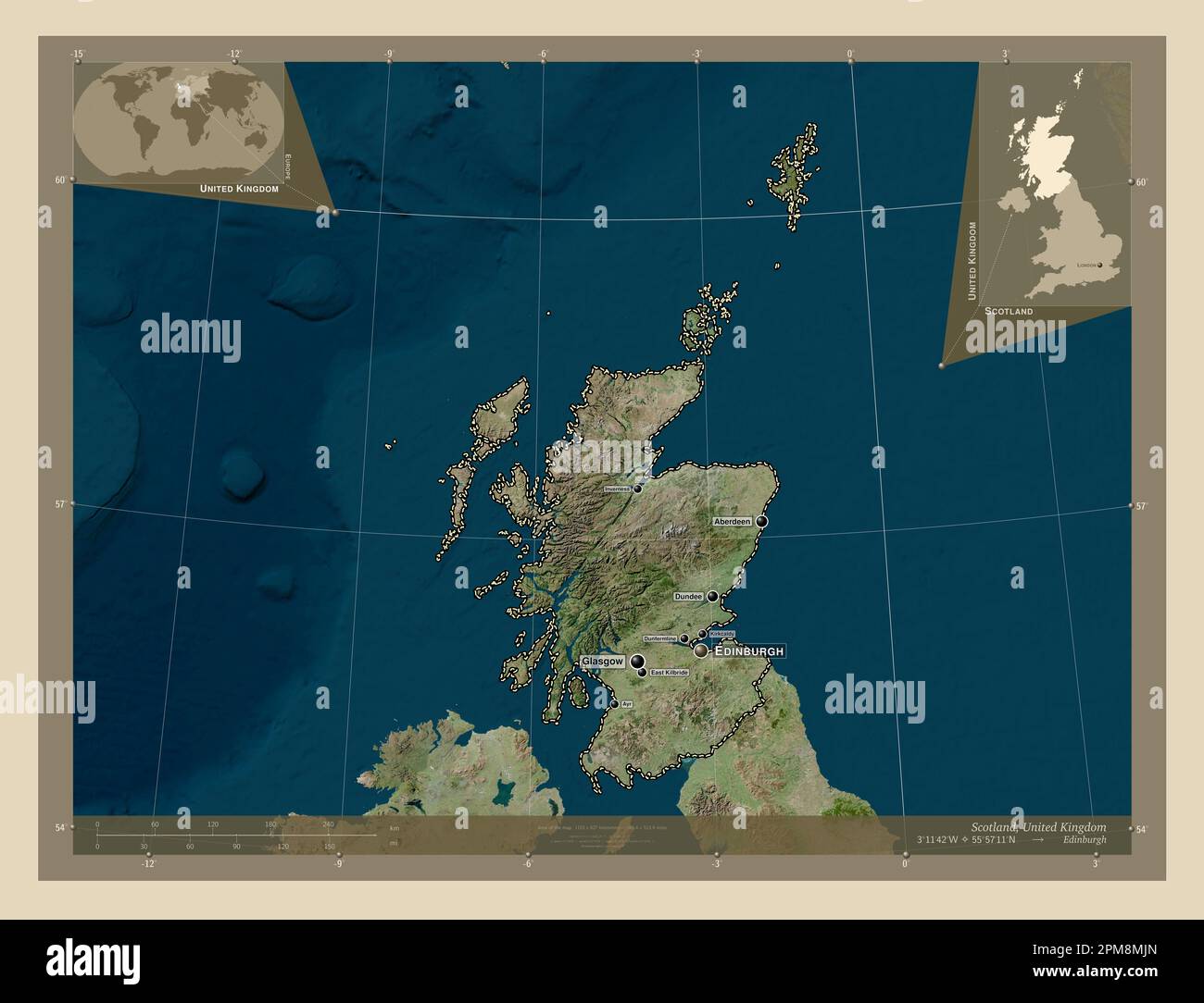 Scotland, region of United Kingdom. High resolution satellite map. Locations and names of major cities of the region. Corner auxiliary location maps Stock Photo