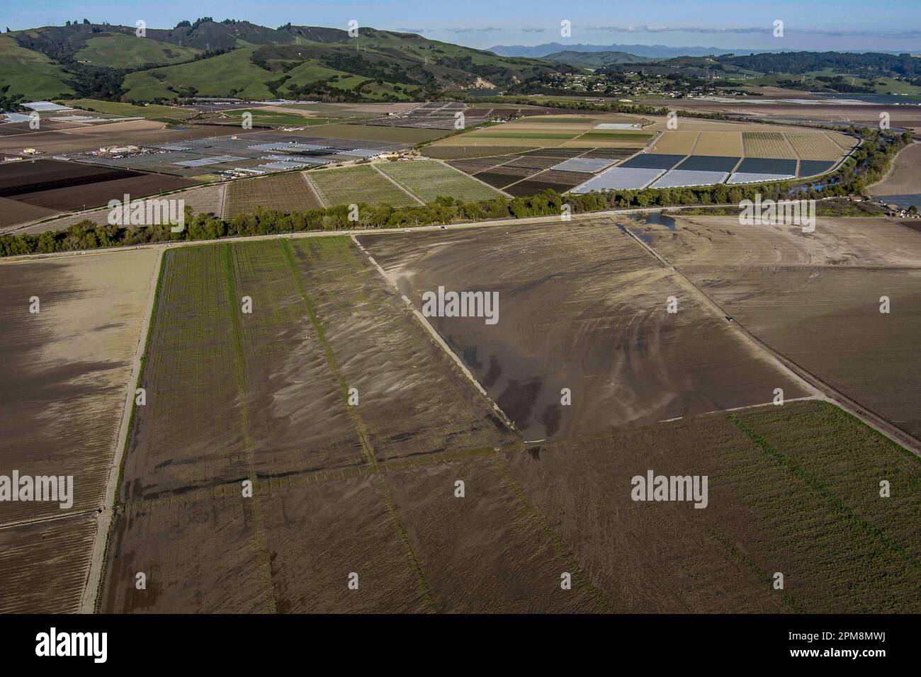 Pajaro, Calif. - March 26: The repaired Pajaro River levee on March 26, 2023. The flood ruined $330,0000 worth of strawberry and Raspberry crops. (Photo by Paul Kuroda for The Washington Post)s. Paul Kuroda/Alamy Stock Photo Stock Photo