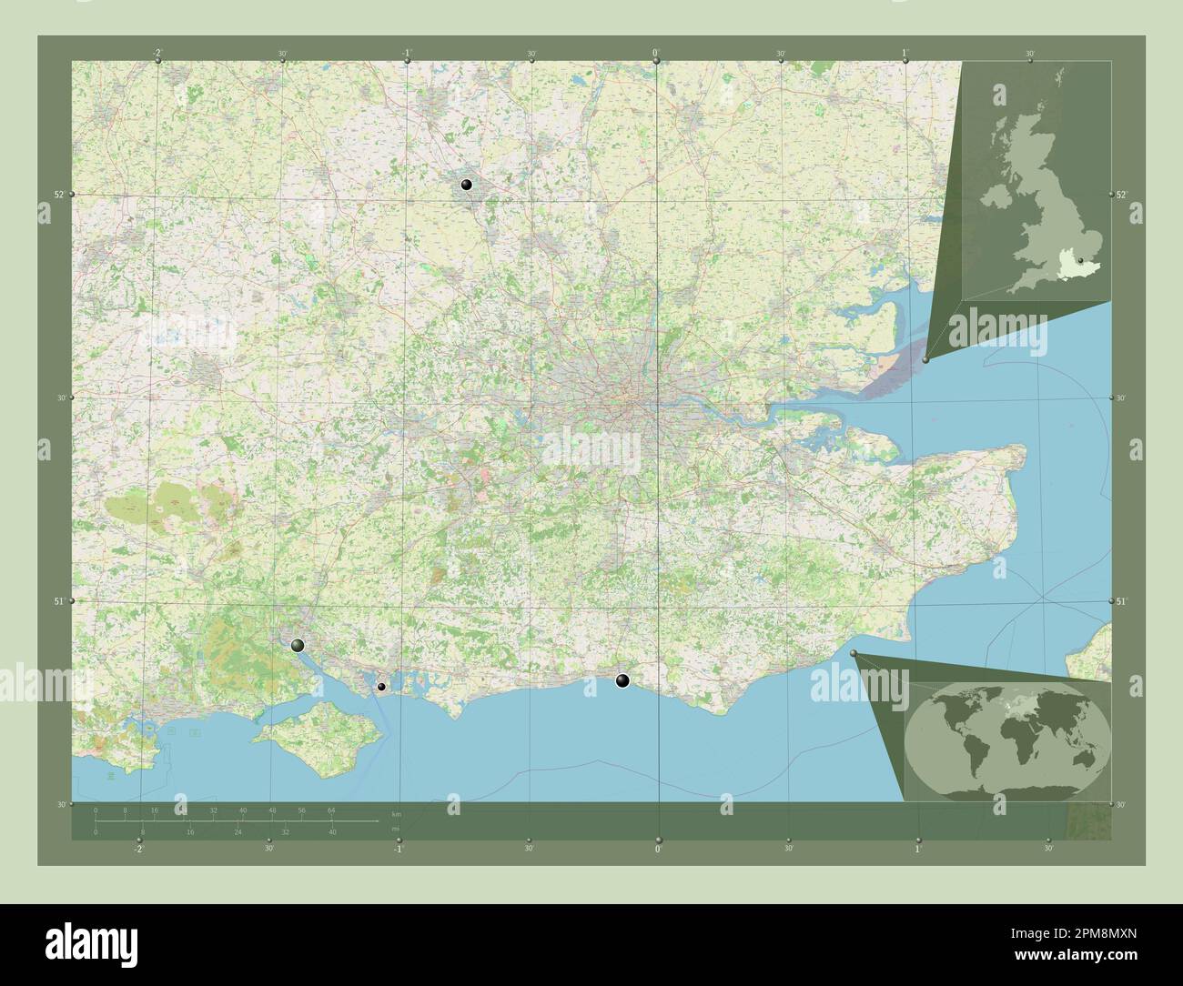 South East, region of United Kingdom. Open Street Map. Locations of major cities of the region. Corner auxiliary location maps Stock Photo