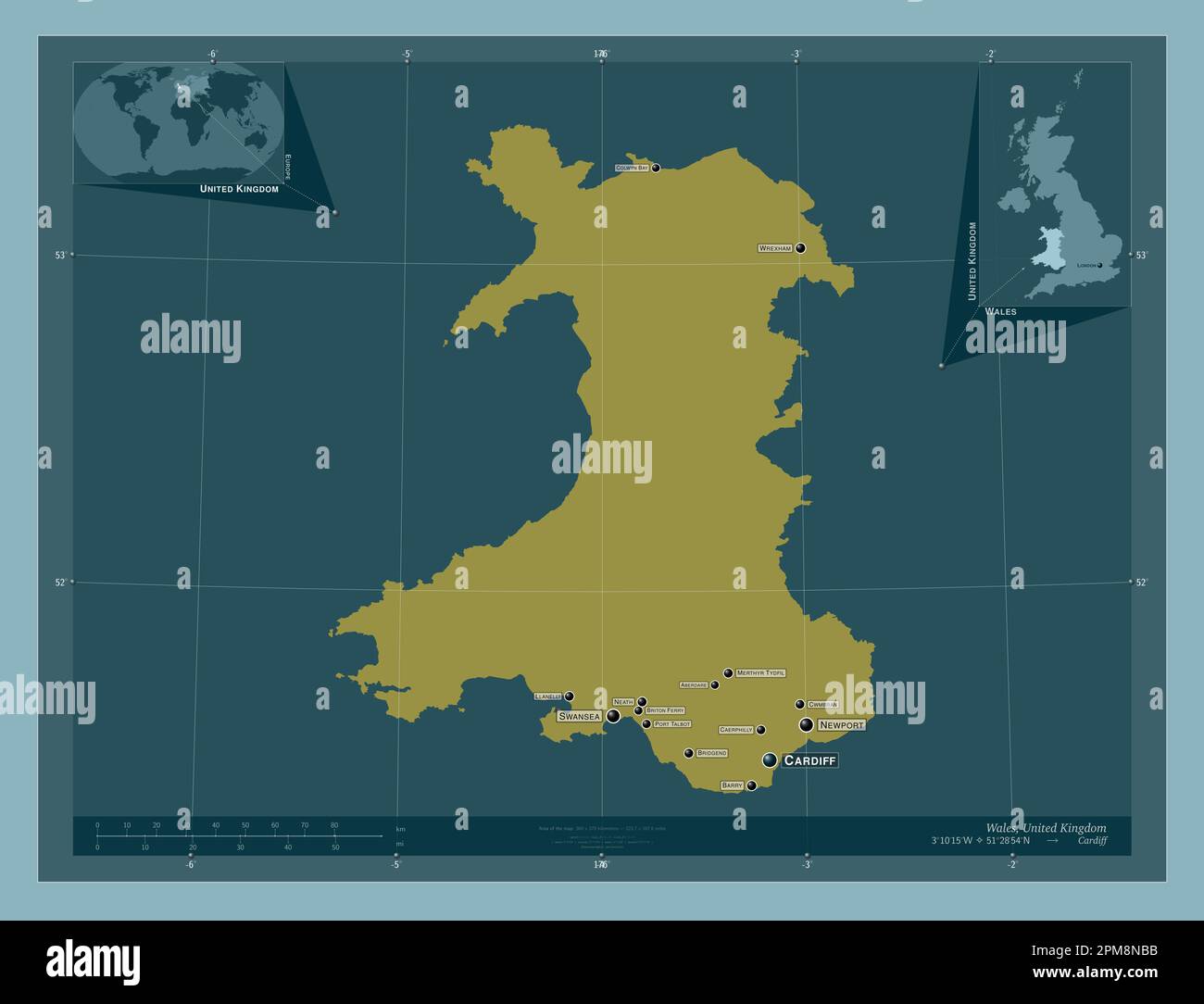 Wales, region of United Kingdom. Solid color shape. Locations and names