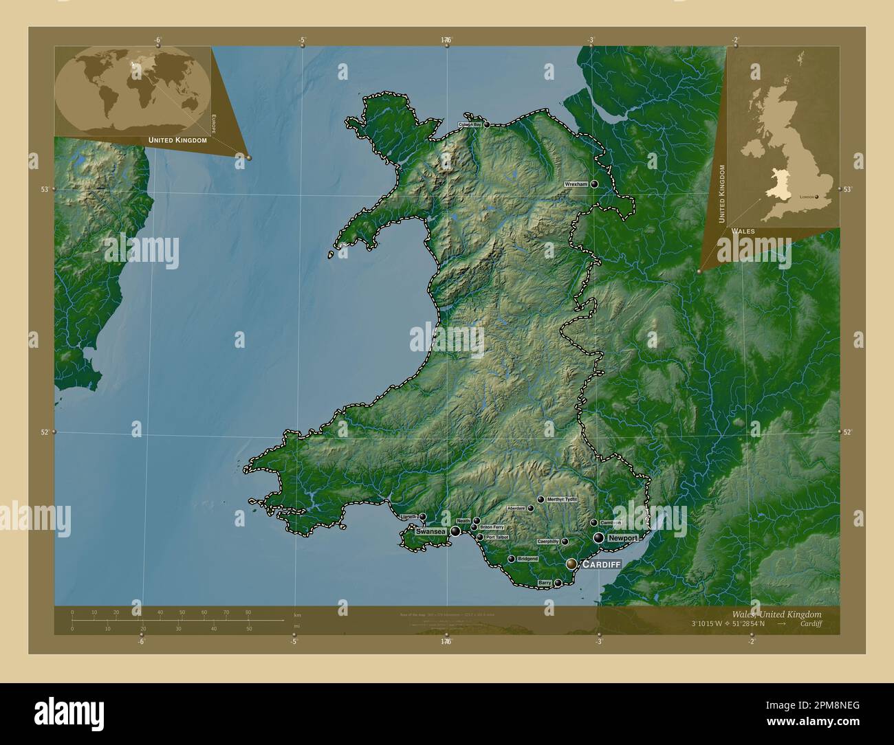 Wales, region of United Kingdom. Colored elevation map with lakes and