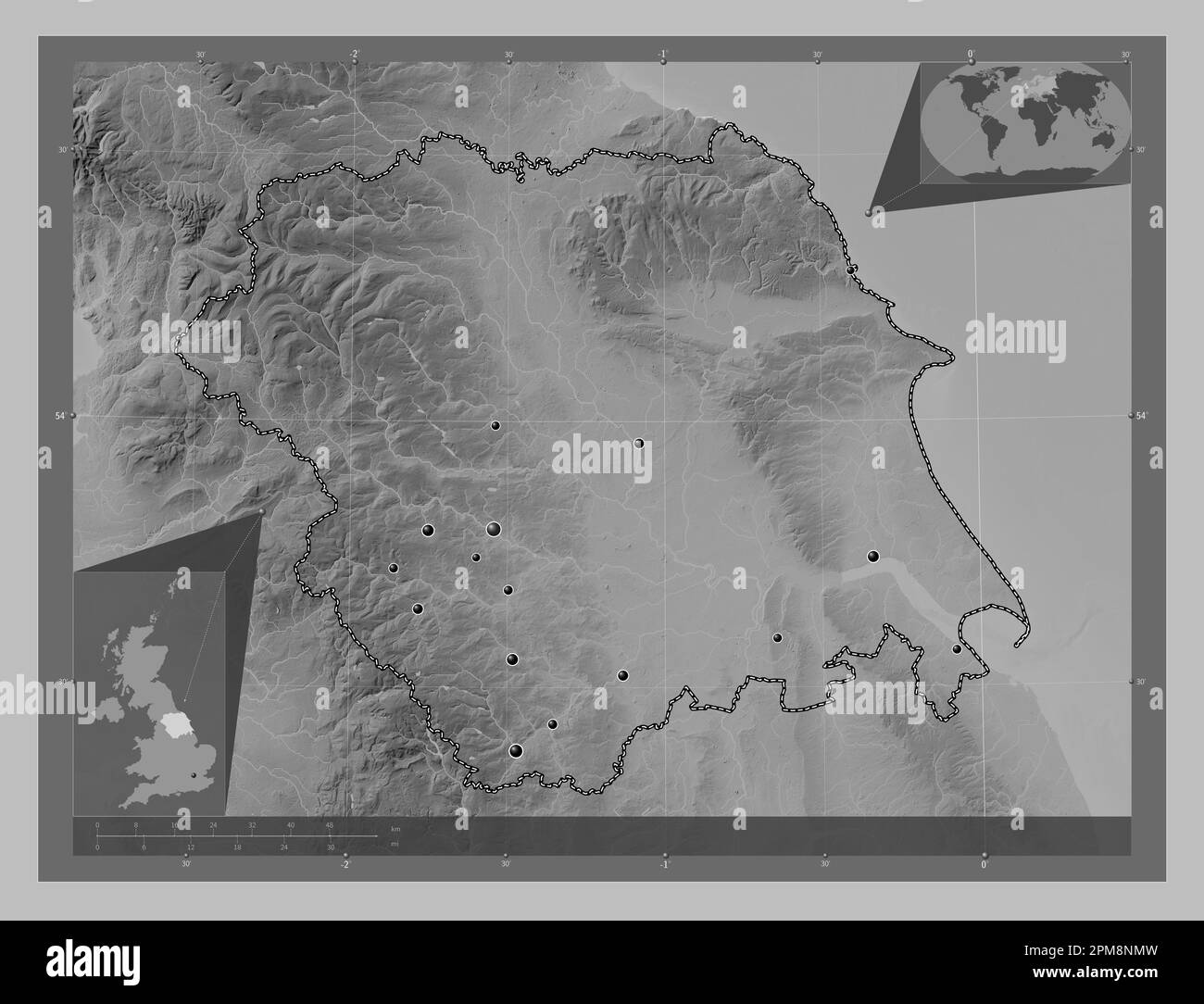Yorkshire and the Humber, region of United Kingdom. Grayscale elevation