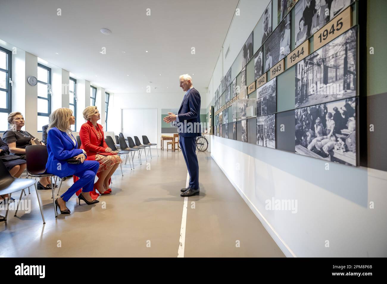 Amsterdam, Netherlands. 12th April, 2023. AMSTERDAM - The French first lady Brigitte Macron and Queen Maxima visit the Anne Frank House. The French presidential couple is paying a two-day state visit to the Netherlands. ANP POOL ROBIN VAN LONKHUIJSEN netherlands out - belgium out Credit: ANP/Alamy Live News Credit: ANP/Alamy Live News Stock Photo