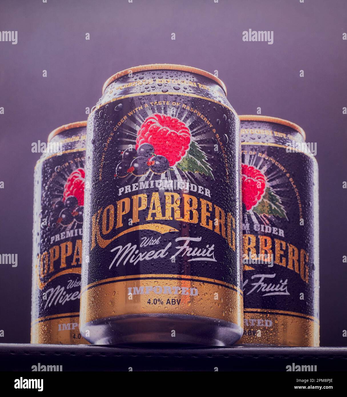 Mansfield,Nottingham,United Kingdom:Studio product image of Kopparberg Mixed Fruit Cider the company is owned by Peter and Dan-Anders Bronsman. Stock Photo