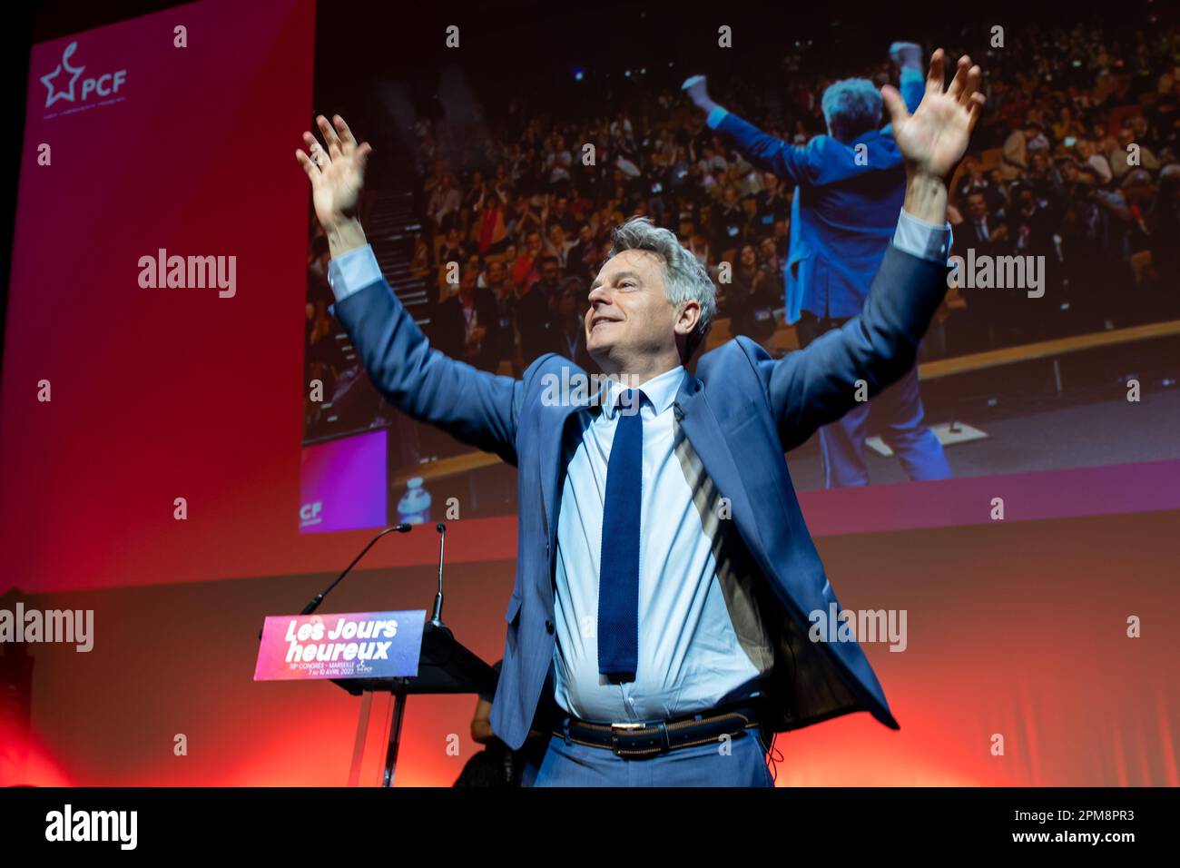 Marseille, France. 07th Apr, 2023. National Secretary Fabien Roussel seen on stage at the 39th Congress of the French Communist Party (PCF). The 39th Congress of the French Communist Party (PCF) takes place in Marseille from 7 to 10 April 2023. It reappoints Fabien Roussel as its leader. (Photo by Laurent Coust/SOPA Images/Sipa USA) Credit: Sipa USA/Alamy Live News Stock Photo