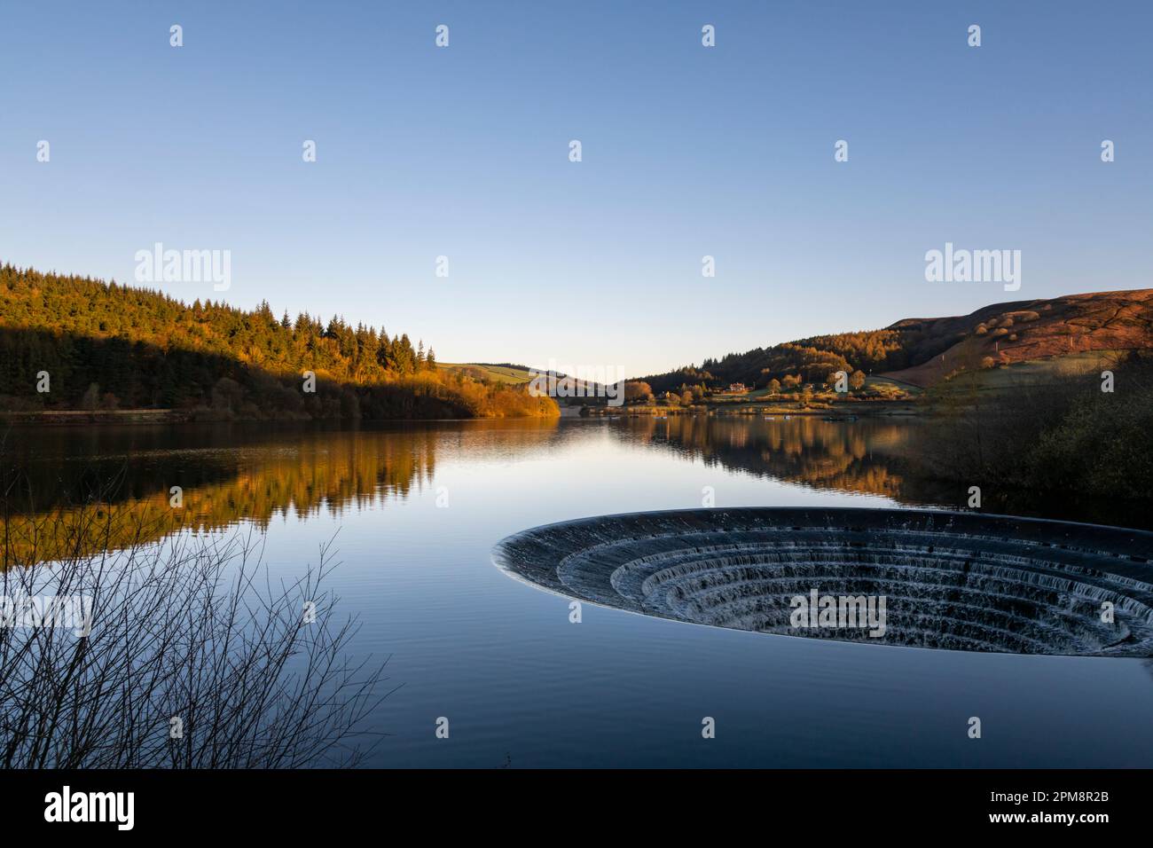Dawn by the 'Plug Holes' at Ladybower Reservoir in the Peak District national park, Derbyshire, England. Stock Photo