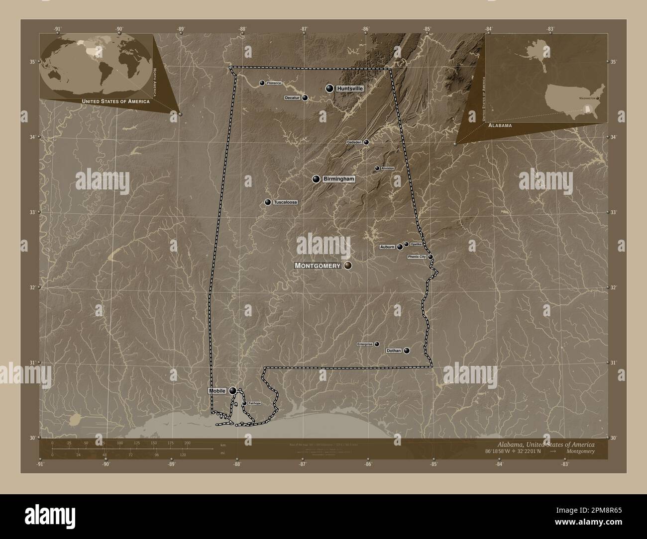 Alabama State Of United States Of America Elevation Map Colored In Alabama State Of United States Of America Elevation Map Colored In Sepia Tones With Lakes And Rivers Locations And Names Of Major Cities Of The Reg 2PM8R65 
