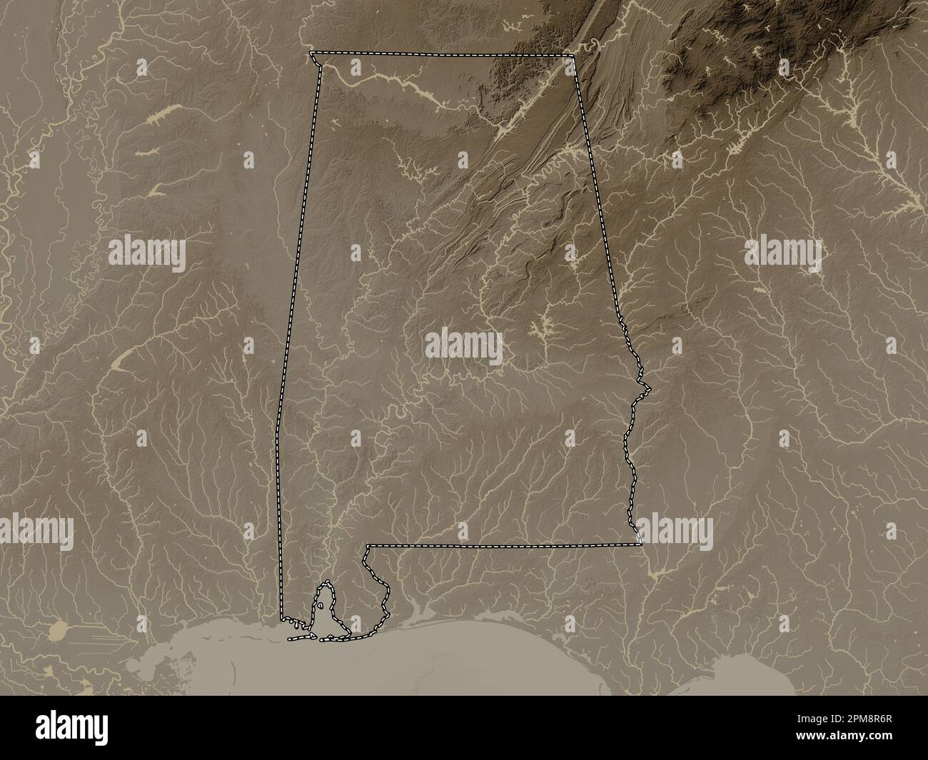 Alabama, state of United States of America. Elevation map colored in ...