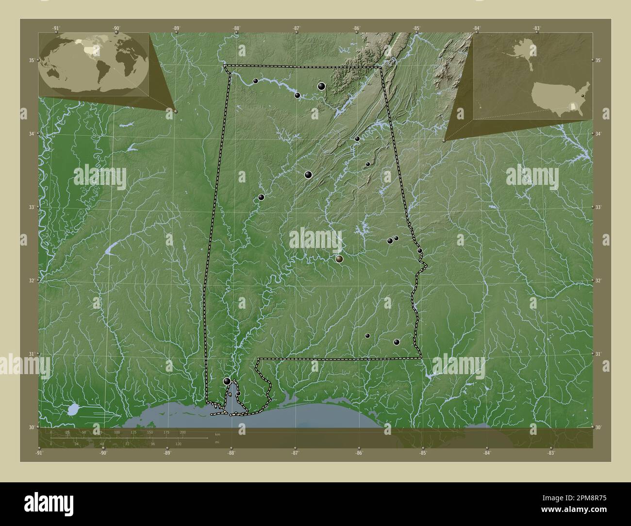 Alabama state of United States - Alabama State Of United States Of America Elevation Map Colored In Wiki Style With Lakes And Rivers Locations Of Major Cities Of The Region Corner 2PM8R75 