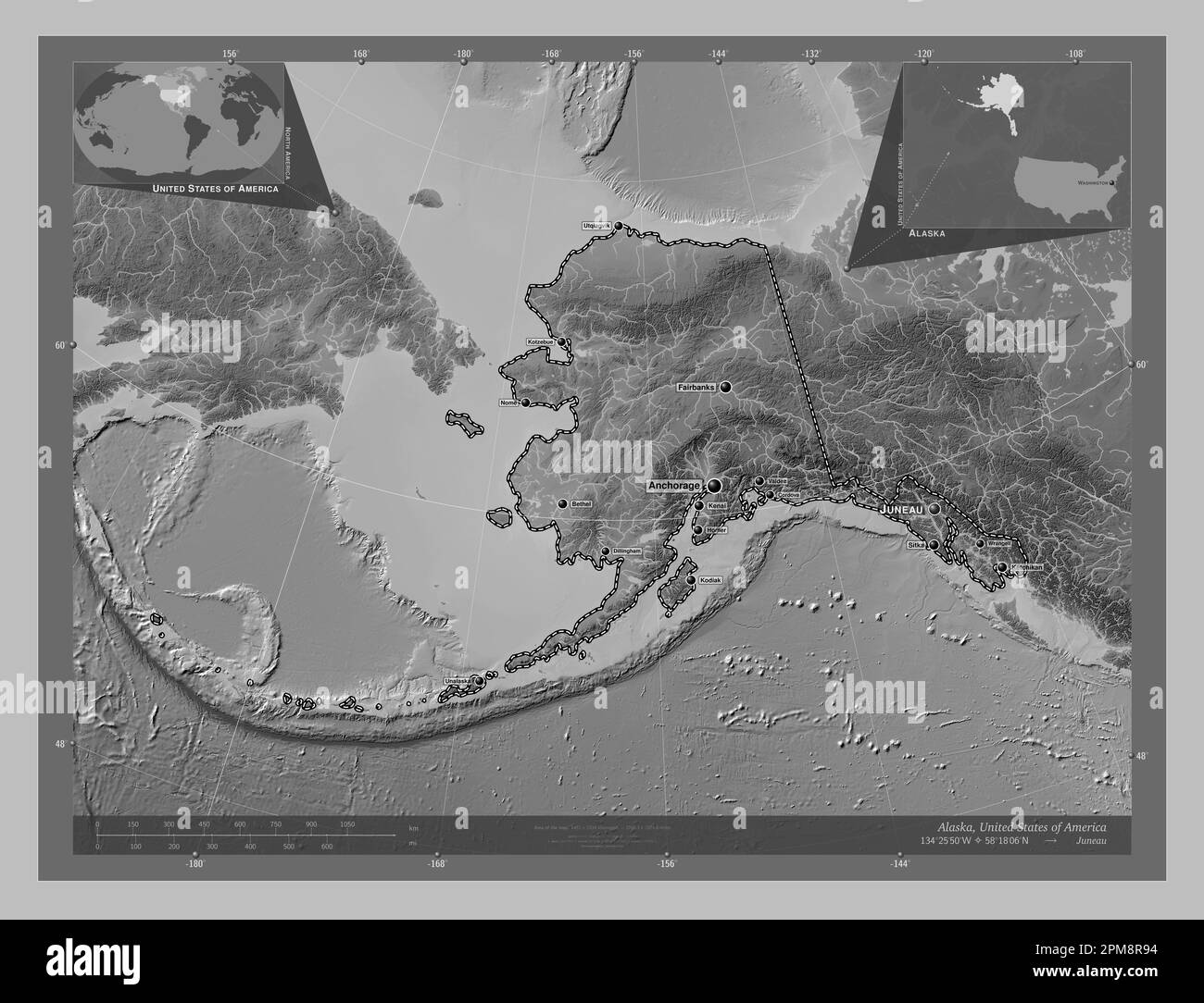 Alaska, state of United States of America. Grayscale elevation map with lakes and rivers. Locations and names of major cities of the region. Corner au Stock Photo