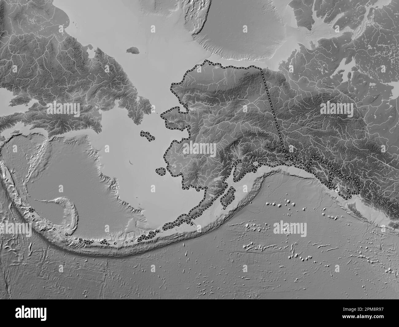Alaska, state of United States of America. Grayscale elevation map with lakes and rivers Stock Photo