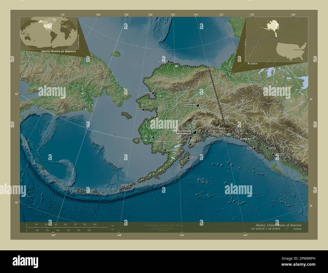 Alaska, state of United States of America. Elevation map colored in