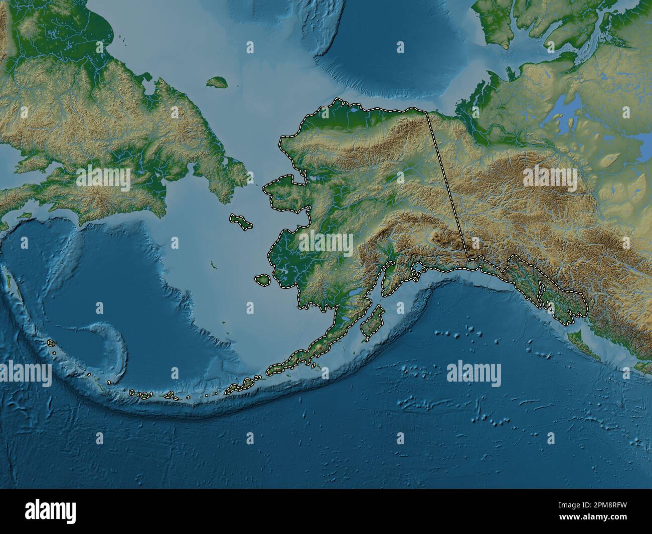 Alaska, state of United States of America. Colored elevation map with