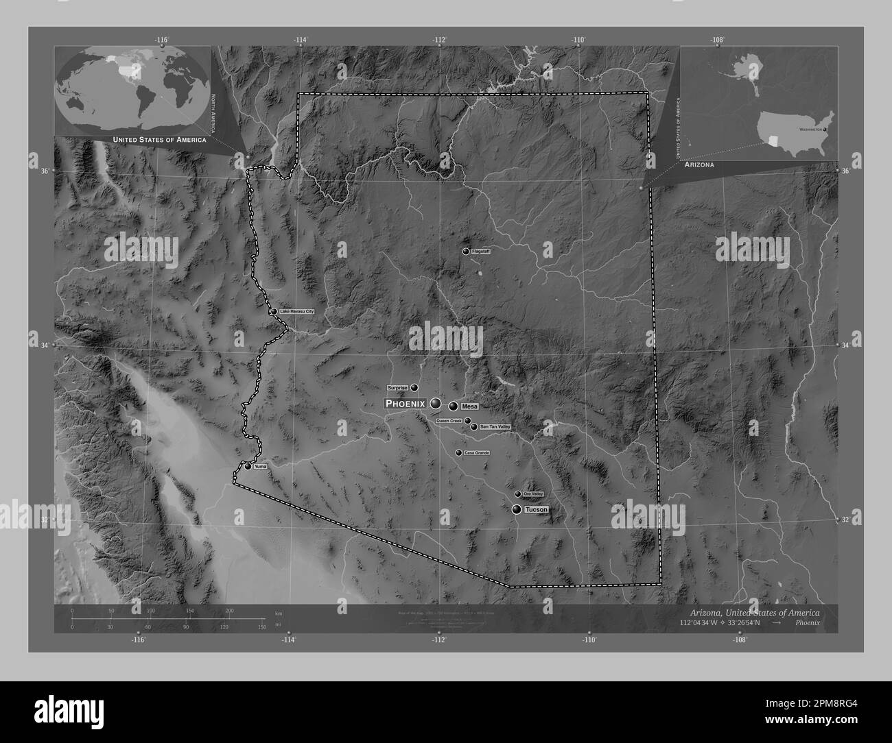 Arizona, state of United States of America. Grayscale elevation map