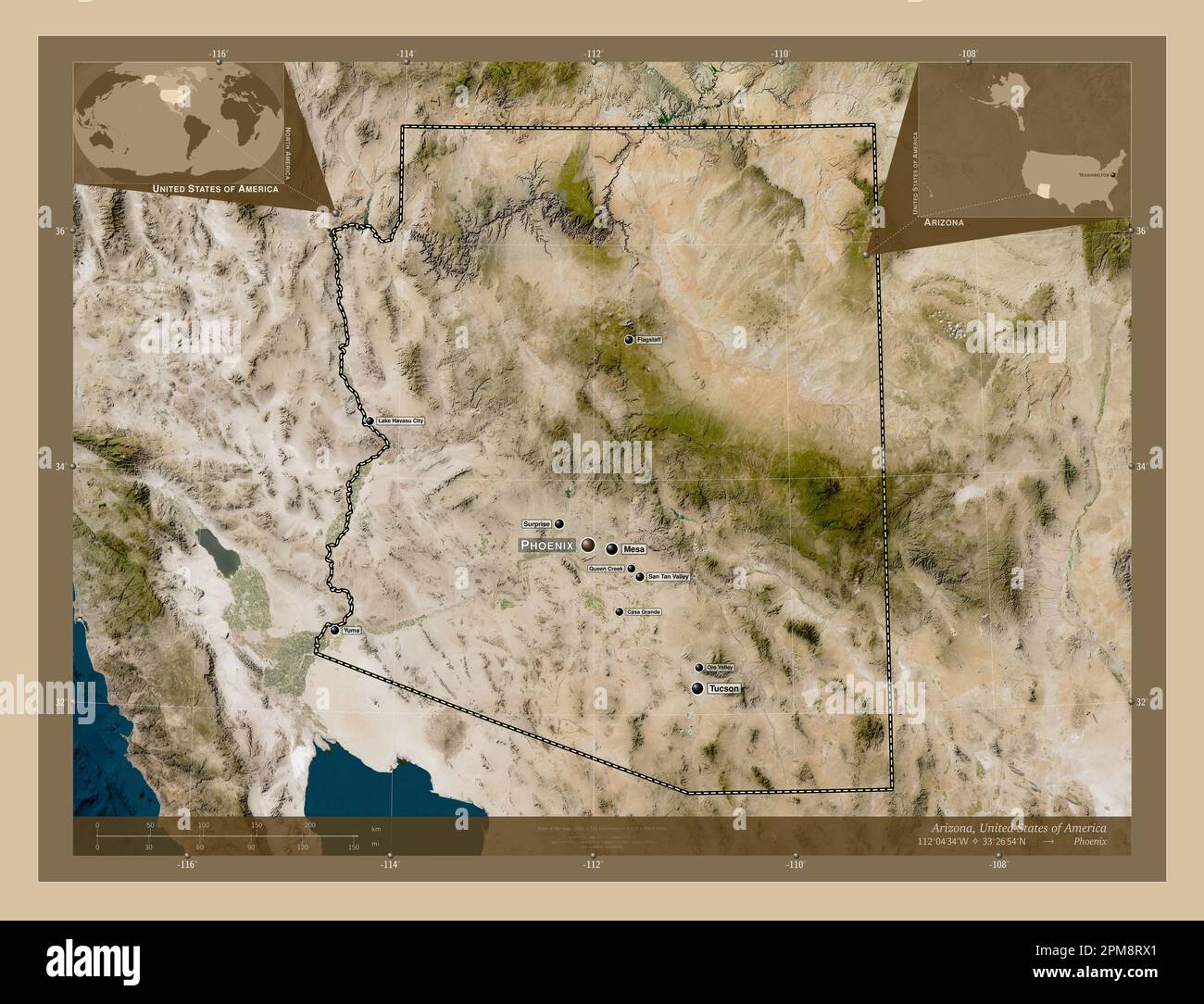 Arizona state of United States - Arizona State Of United States Of America Low Resolution Satellite Map Locations And Names Of Major Cities Of The Region Corner Auxiliary Location 2PM8RX1
