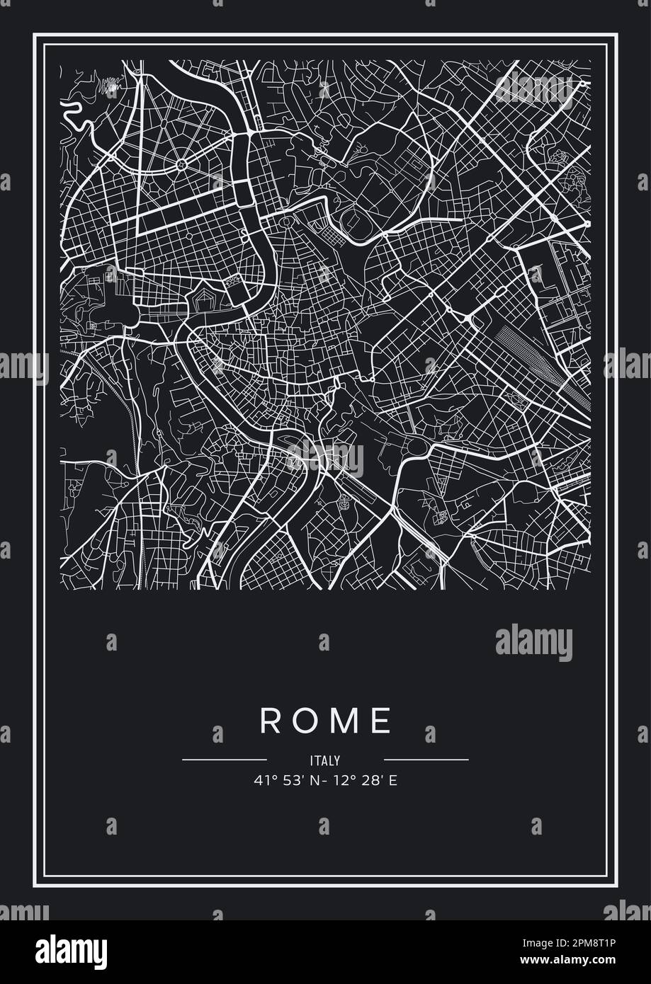 Black and white printable Rome city map, poster design, vector illistration Stock Vector Image