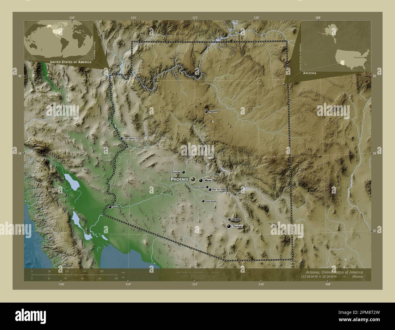Arizona, state of United States of America. Elevation map colored in