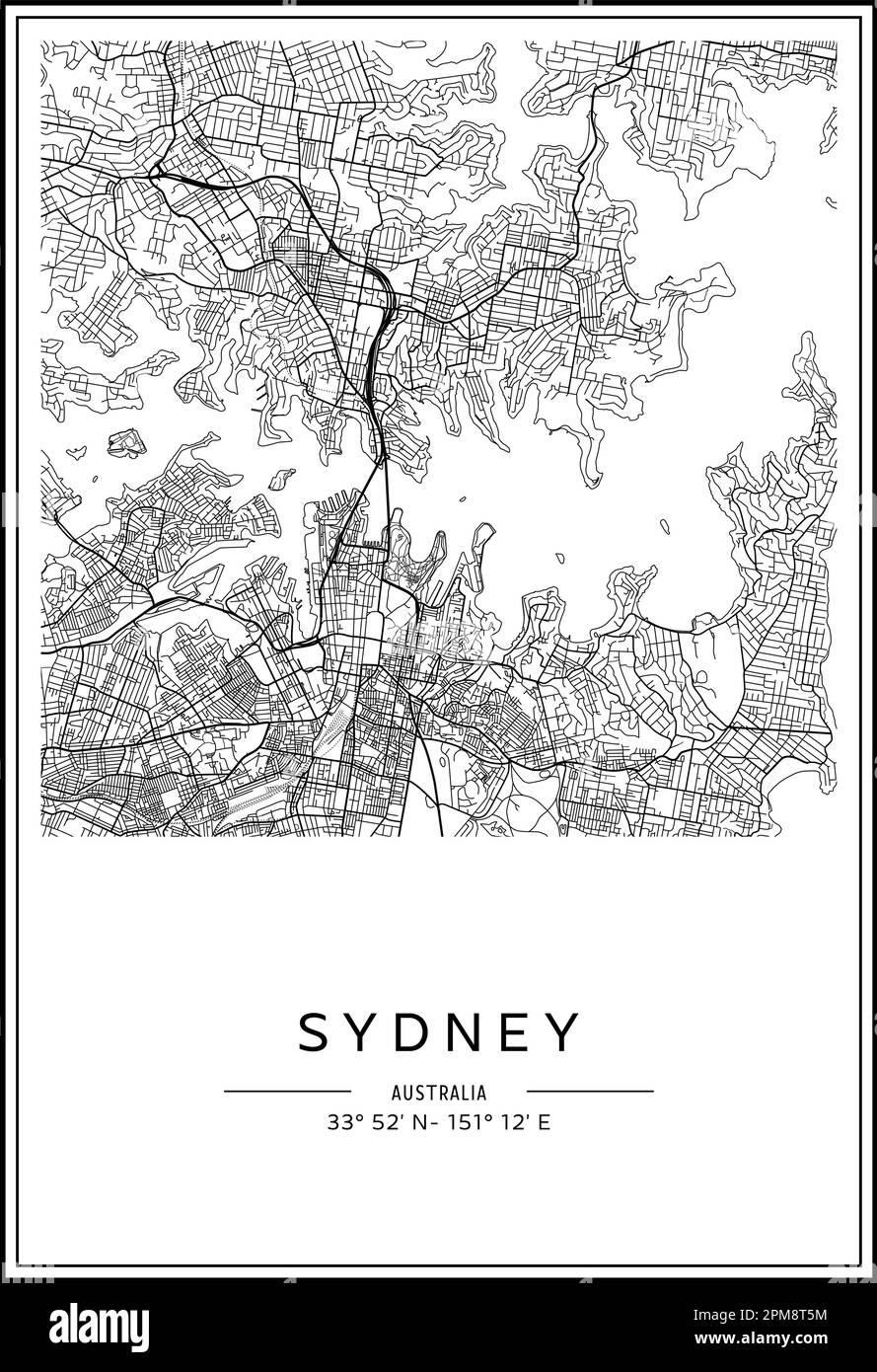 Black and white printable Sydney city map, poster design, vector