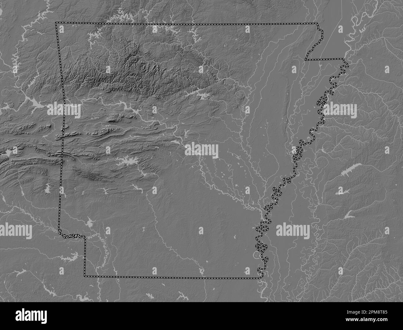 Arkansas, state of United States of America. Bilevel elevation map with lakes and rivers Stock Photo