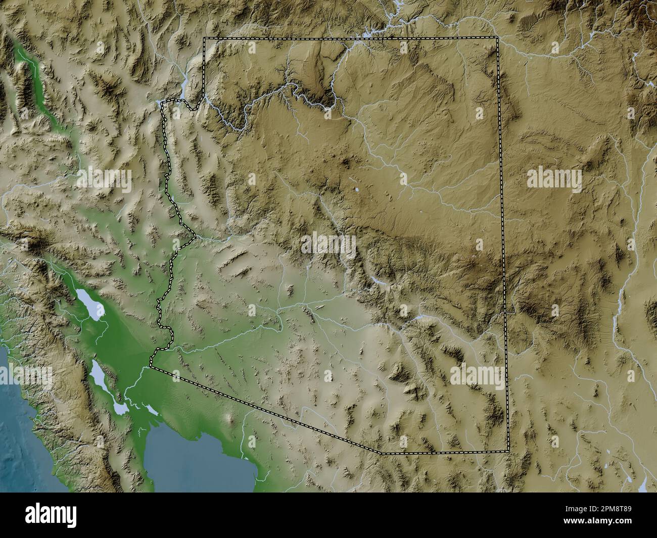 Arizona, state of United States of America. Elevation map colored in