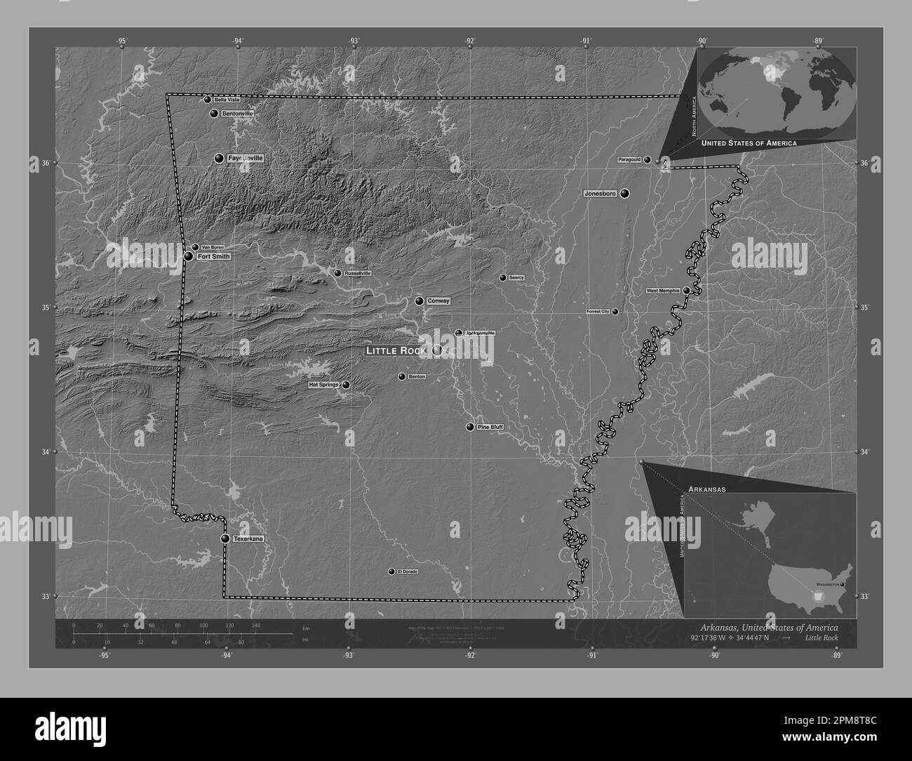 Arkansas state of United States - Arkansas State Of United States Of America Bilevel Elevation Map With Lakes And Rivers Locations And Names Of Major Cities Of The Region Corner Au 2PM8T8C 