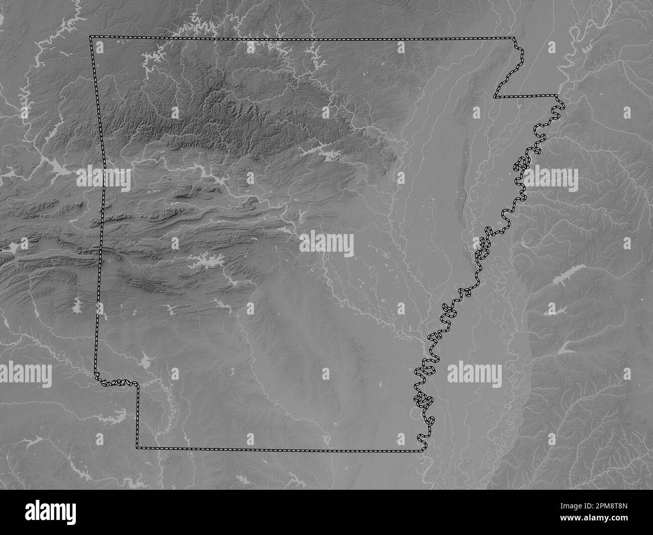 Arkansas state of United States - Arkansas State Of United States Of America Grayscale Elevation Map With Lakes And Rivers 2PM8T8N