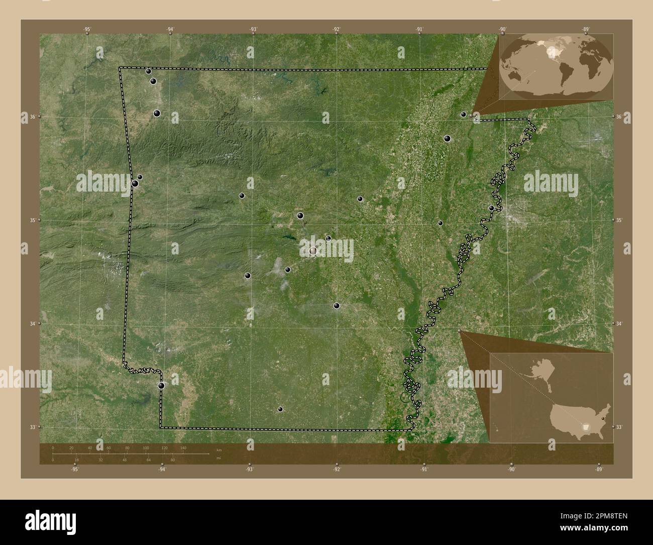 Arkansas state of United States - Arkansas State Of United States Of America Low Resolution Satellite Map Locations Of Major Cities Of The Region Corner Auxiliary Location Maps 2PM8TEN 