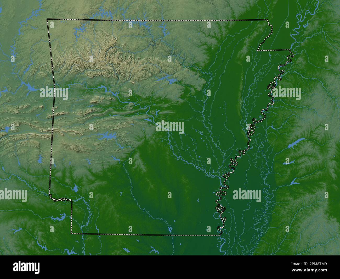 Arkansas, state of United States of America. Colored elevation map with lakes and rivers Stock Photo