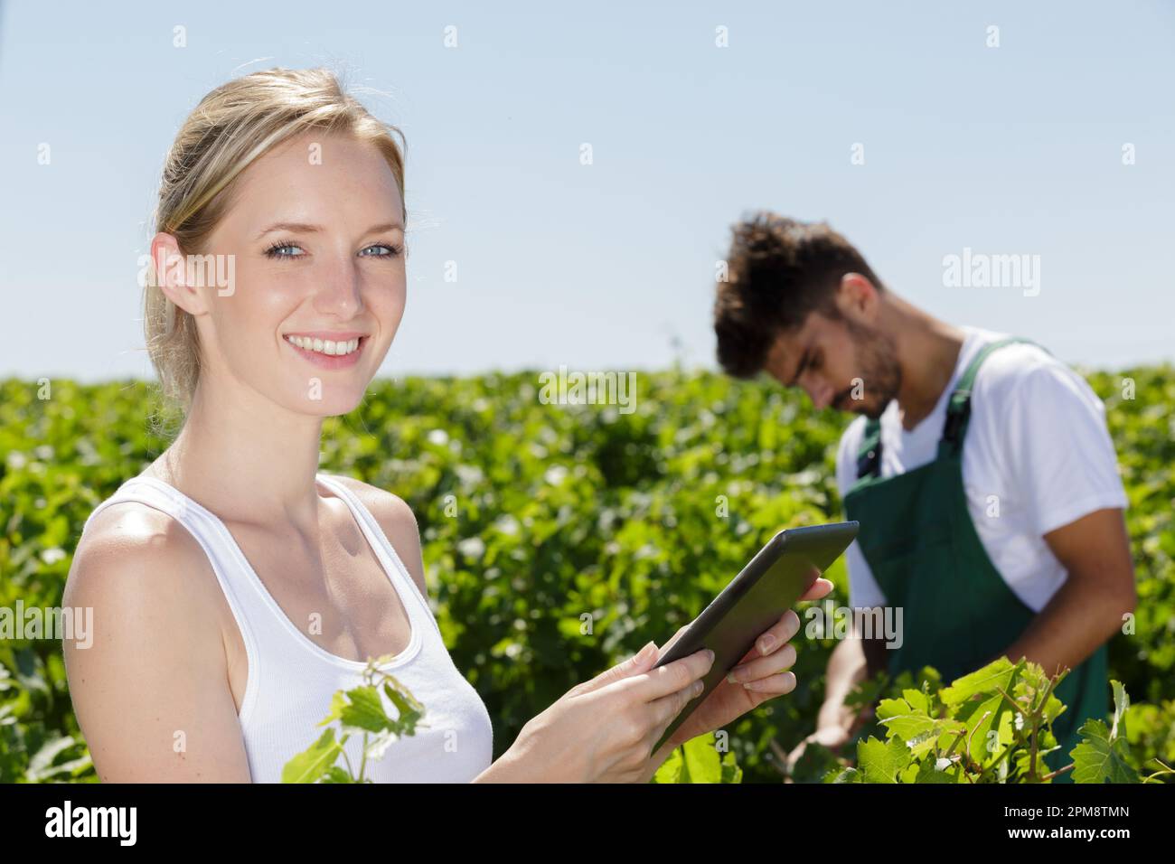 happy woman using tablet pc Stock Photo