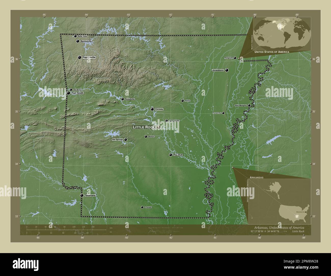 Arkansas, state of United States of America. Elevation map colored in wiki style with lakes and rivers. Locations and names of major cities of the reg Stock Photo