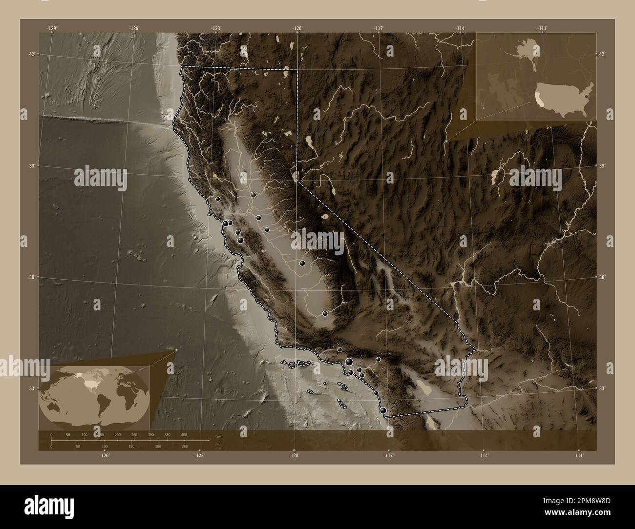 California, state of United States of America. Elevation map colored in