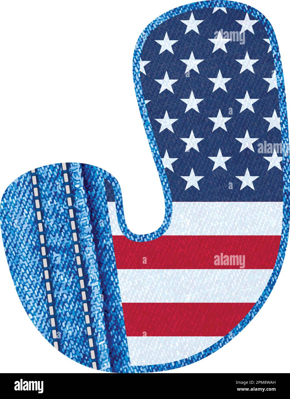 The Letter J with the texture of blue denim fabric and USA flag - Vector Initial J font with jean fabric and American flag- jean fabric english alphab Stock Vector