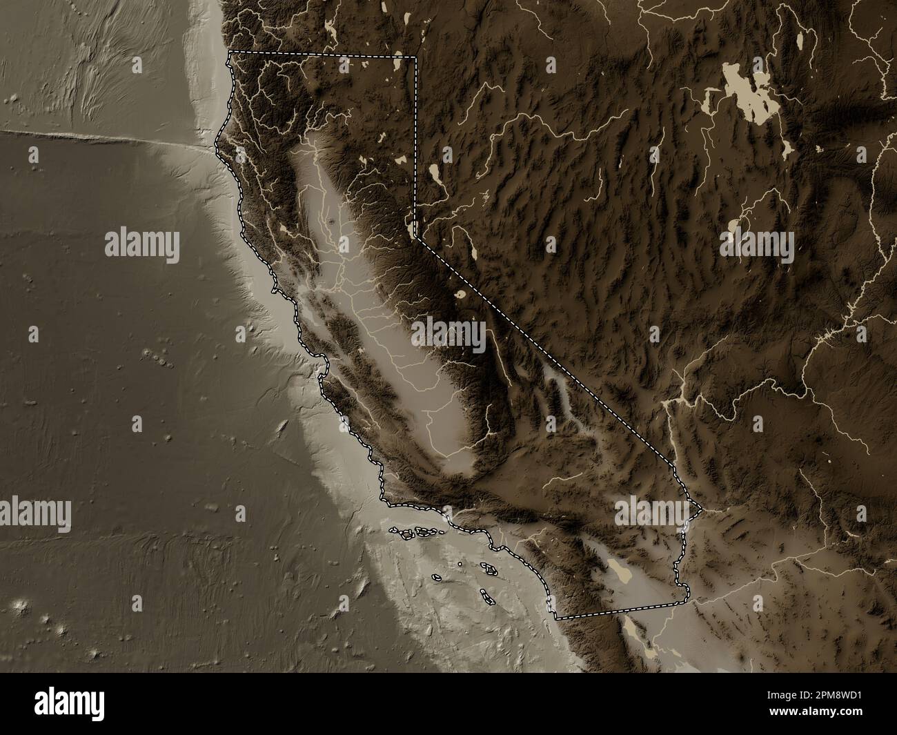 California state of United States - California State Of United States Of America Elevation Map Colored In Sepia Tones With Lakes And Rivers 2PM8WD1