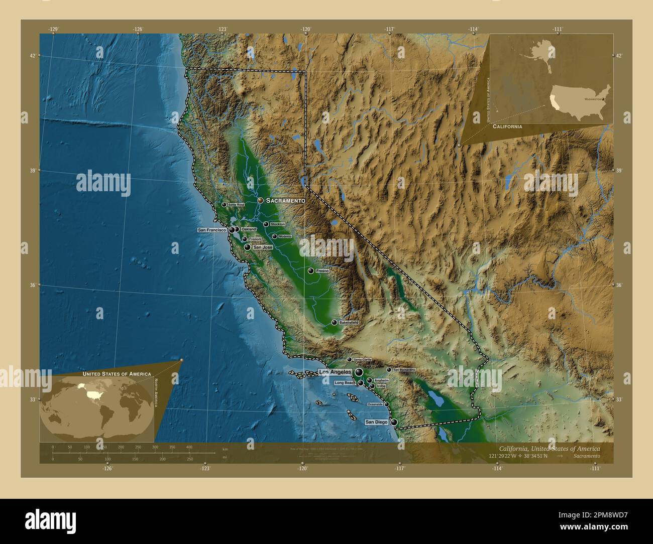 California, state of United States of America. Colored elevation map