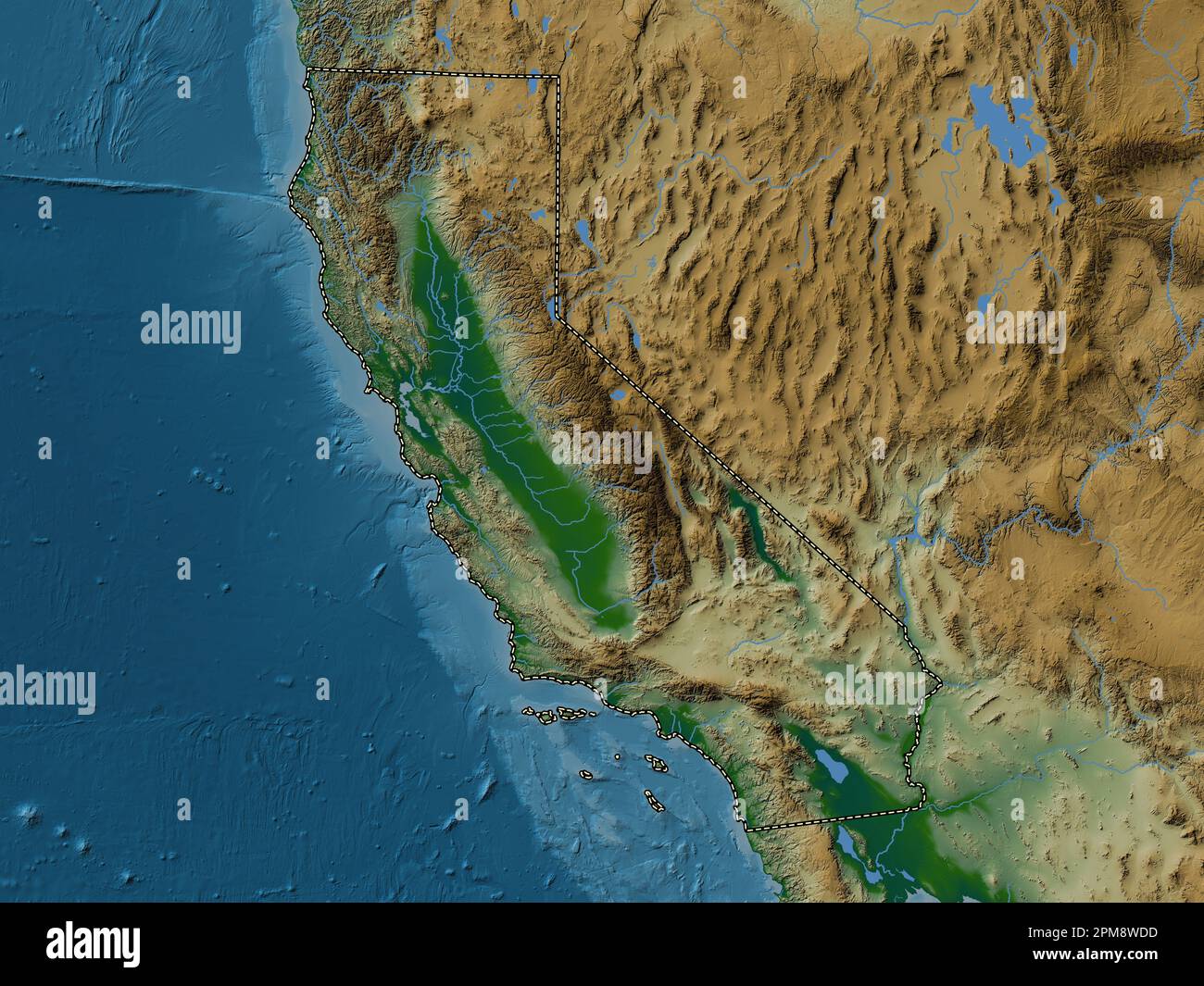California, state of United States of America. Colored elevation map