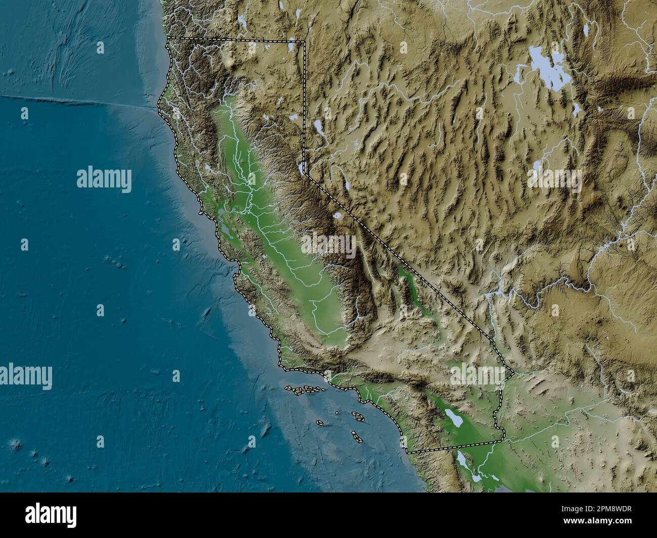 California, state of United States of America. Elevation map colored in wiki style with lakes