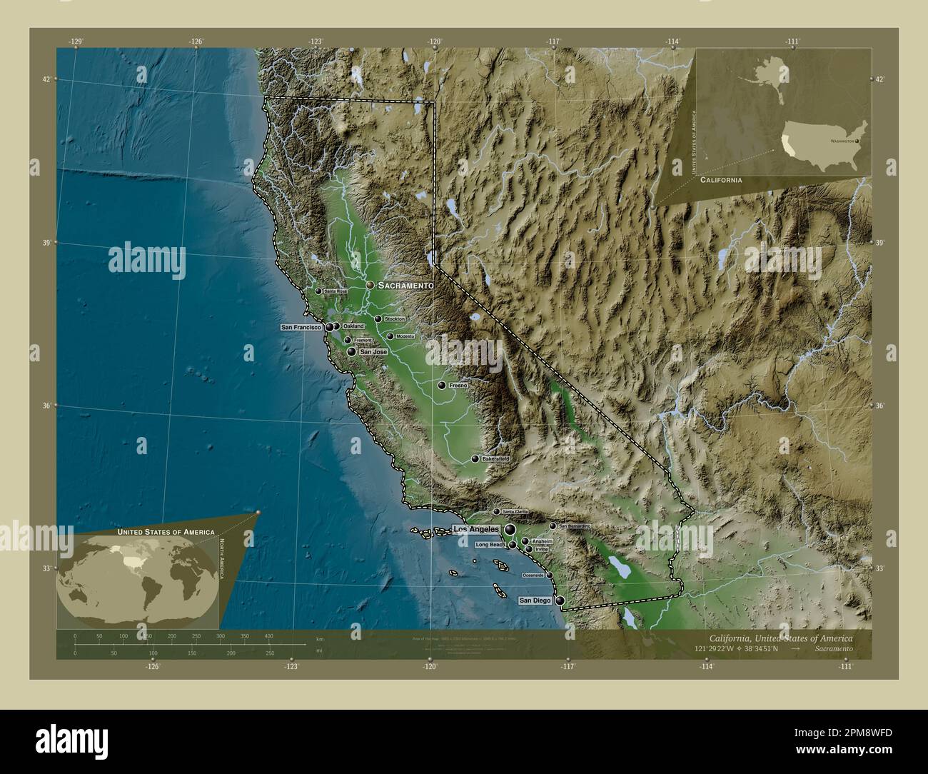 California, state of United States of America. Elevation map colored in wiki style with lakes