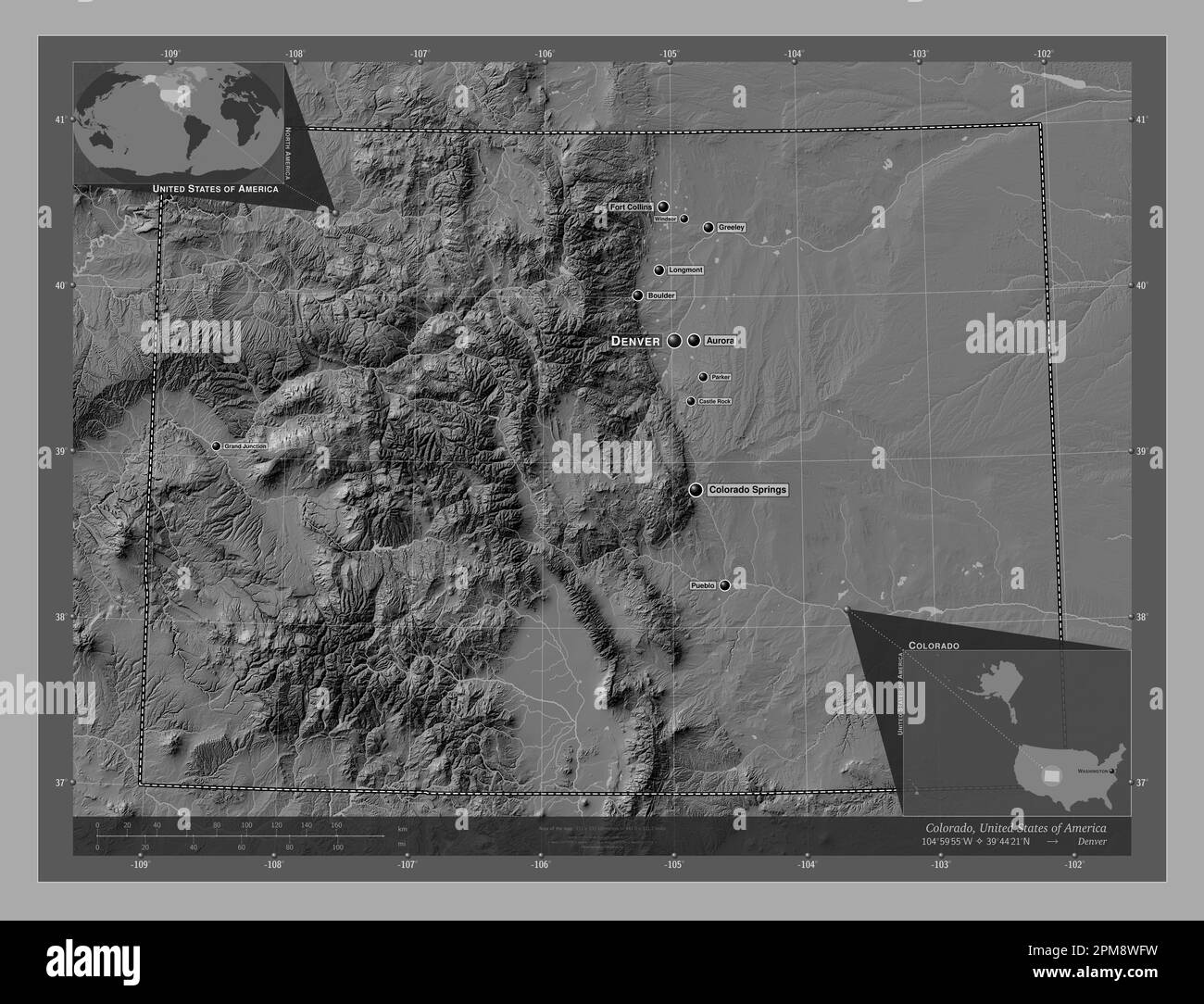 Colorado, state of United States of America. Bilevel elevation map with ...