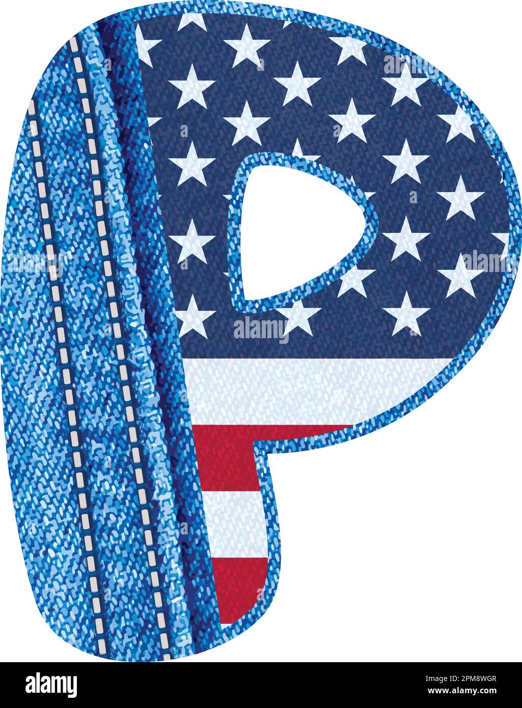 Letter P with the texture of blue denim fabric and US flag - The Monogram P with jean fabric and American flag- Vector jean fabric alphabet A to Z Stock Vector