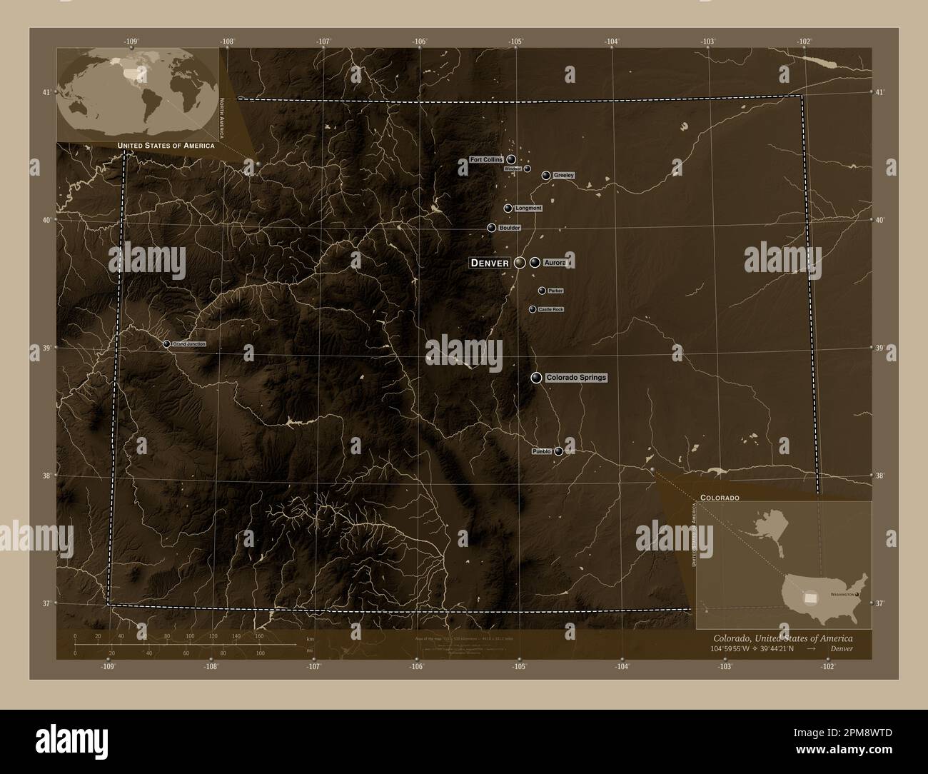 Colorado, state of United States of America. Elevation map colored in ...