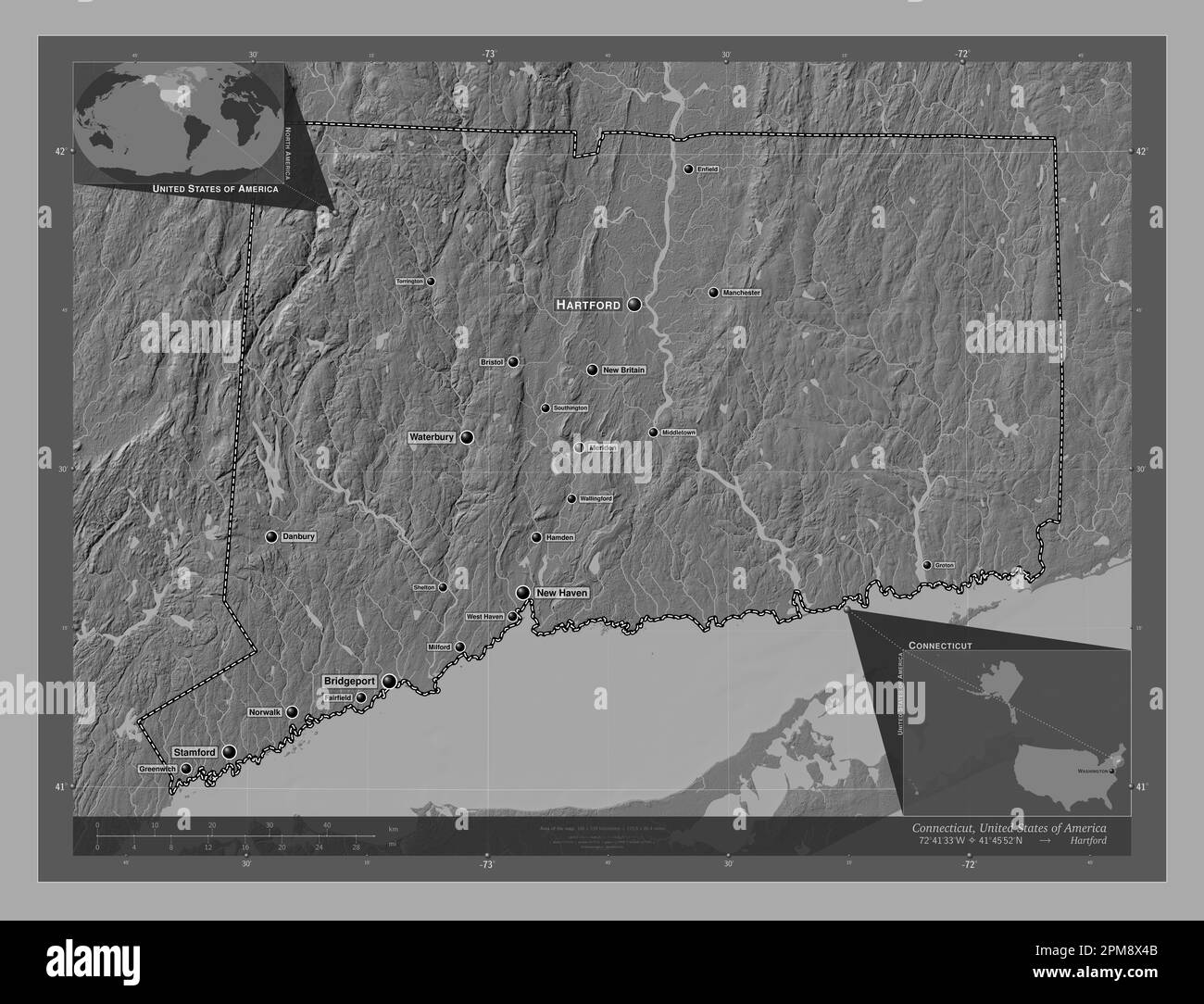 Elevation Map Connecticut at Stuart - Connecticut State Of United States Of America Bilevel Elevation Map With Lakes And Rivers Locations And Names Of Major Cities Of The Region Corner 2PM8X4B