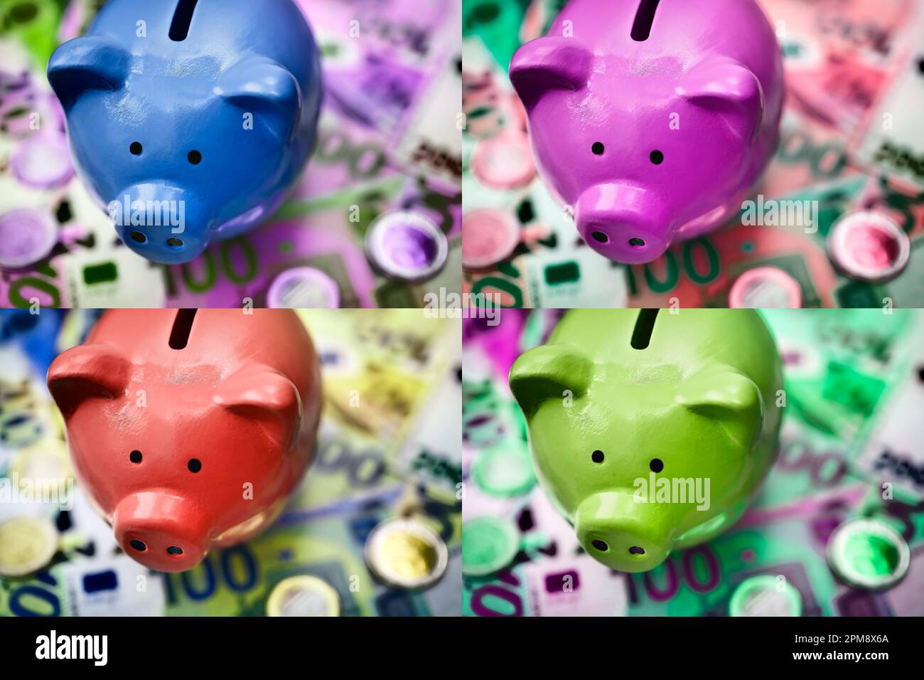 FOTOMONTAGE, Sparschweine auf Geldscheinen Stock Photo