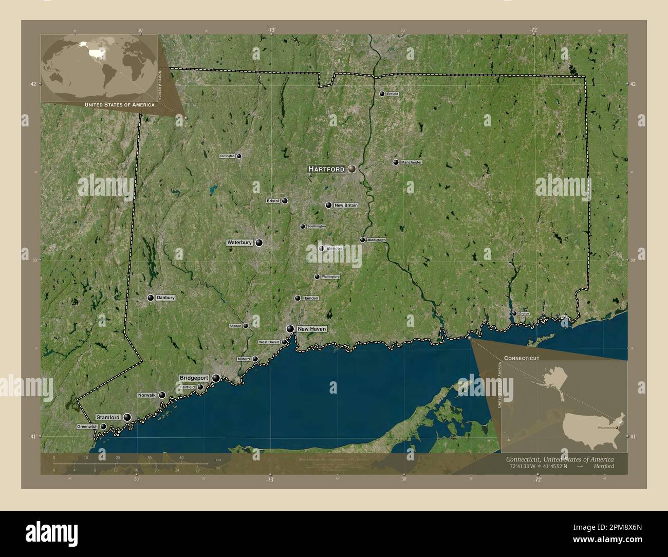Connecticut State Of United States Of America High Resolution Connecticut State Of United States Of America High Resolution Satellite Map Locations And Names Of Major Cities Of The Region Corner Auxiliary Loc 2PM8X6N