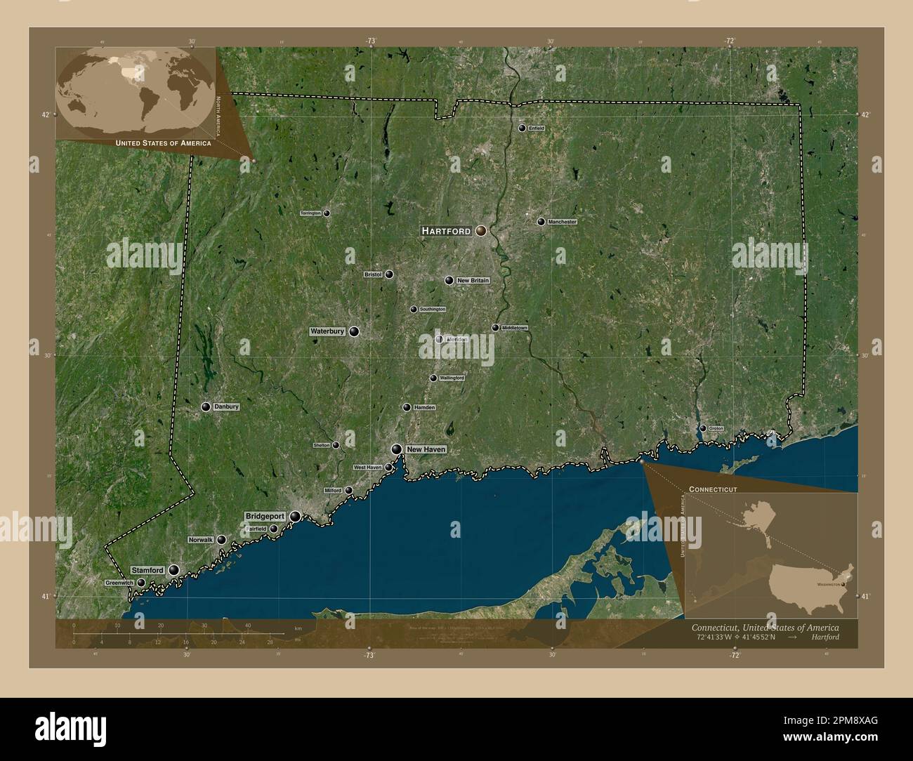 Connecticut State Of United States Of America Low Resolution Connecticut State Of United States Of America Low Resolution Satellite Map Locations And Names Of Major Cities Of The Region Corner Auxiliary Loca 2PM8XAG