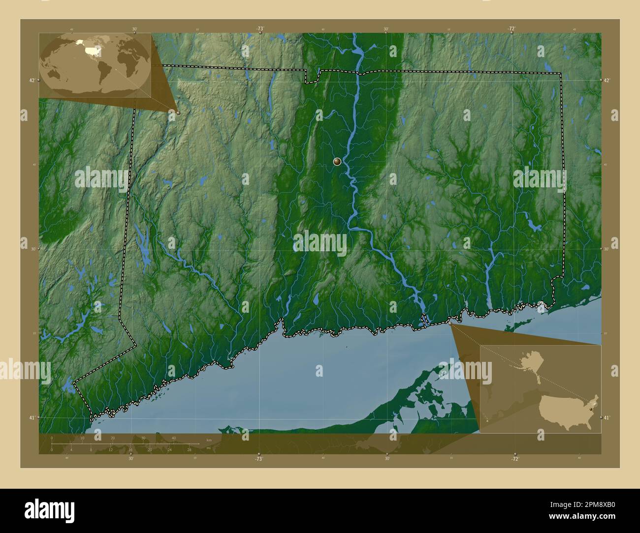 Connecticut, state of United States of America. Colored elevation map