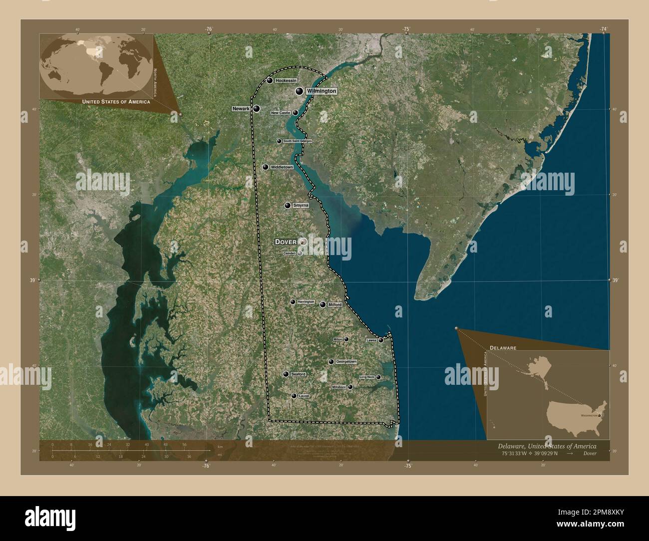 Delaware, state of United States of America. Low resolution satellite