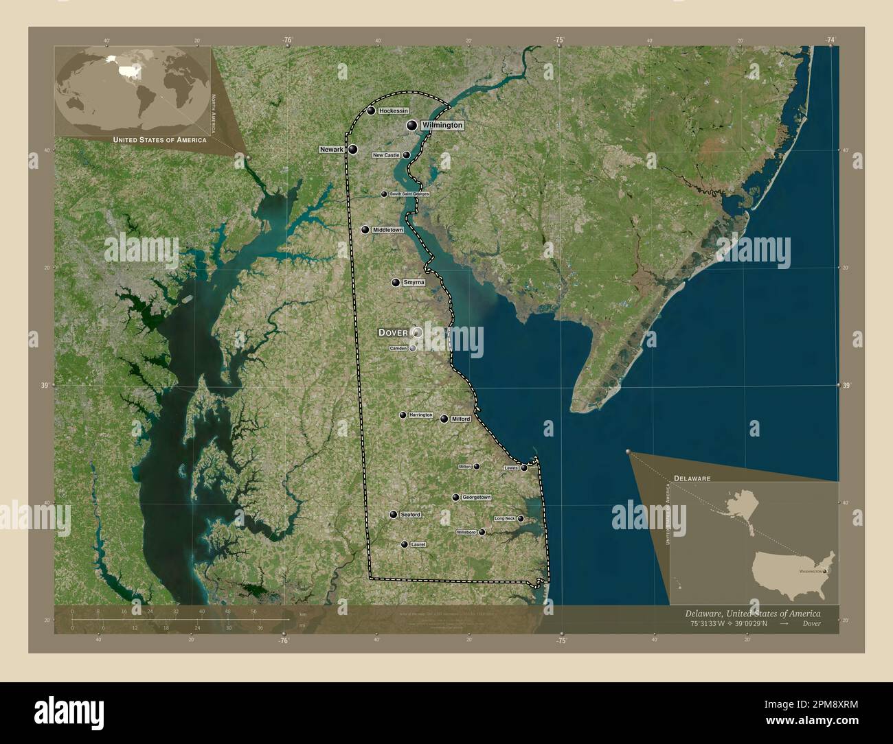 Delaware State Of United States Of America High Resolution Satellite Delaware State Of United States Of America High Resolution Satellite Map Locations And Names Of Major Cities Of The Region Corner Auxiliary Locati 2PM8XRM