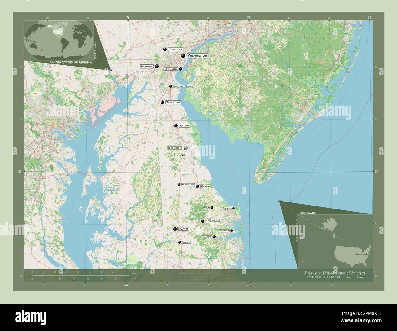 Delaware, state of United States of America. Open Street Map. Locations