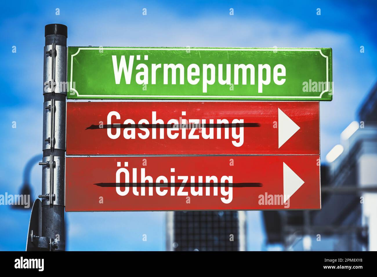 FOTOMONTAGE, Wegweiser mit Aufschrift Wärmepumpe und durchgestrichener Aufschrift Ölheizung und Gasheizung Stock Photo