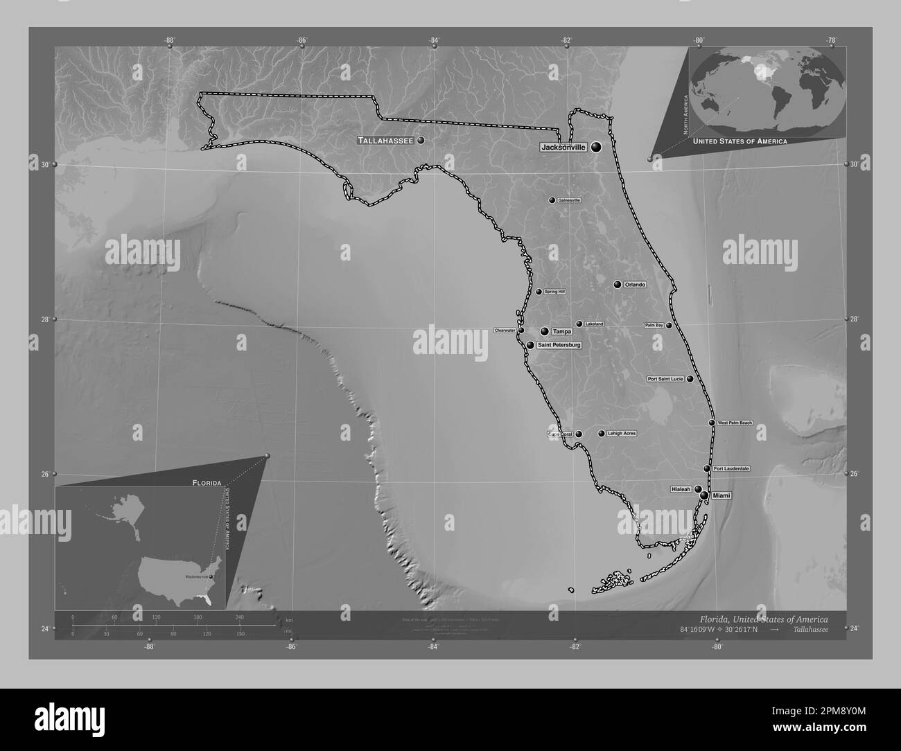 Florida state of United States - Florida State Of United States Of America Grayscale Elevation Map With Lakes And Rivers Locations And Names Of Major Cities Of The Region Corner A 2PM8Y0M